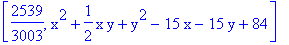 [2539/3003, x^2+1/2*x*y+y^2-15*x-15*y+84]